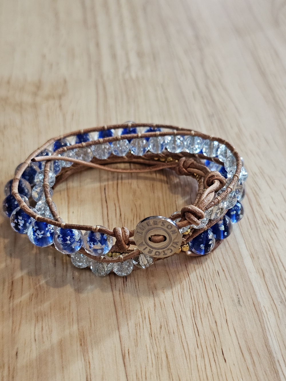 Victoria Emerson Crystal Beaded Leather Wrap Bracelet – Blue & Clear